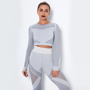 Women's Nylon O-Neck Long Sleeves Fitness Yoga Workout Crop Top