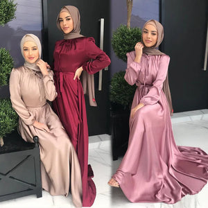 Women's Arabian Satin Full Sleeve Solid Pattern Casual Wear Dress