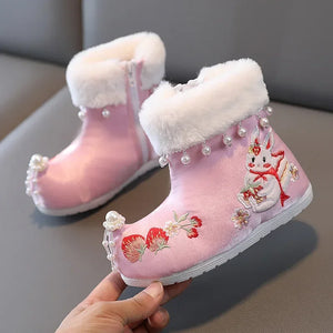 Kid's Round Toe Zipper Closure Embroidered Pattern Formal Boots