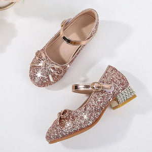 Kid's PU Leather Round Toe Buckle Strap Closure Sequined Shoes