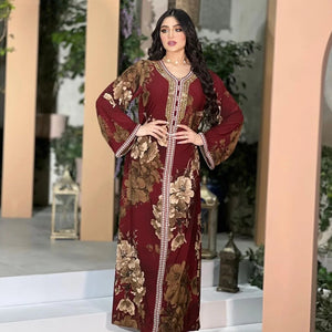 Women's Arabian Polyester Full Sleeves Floral Pattern Long Dress