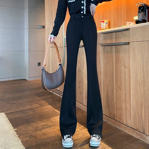 Women's Cotton High Elastic Waist Button Fly Closure Casual Trousers