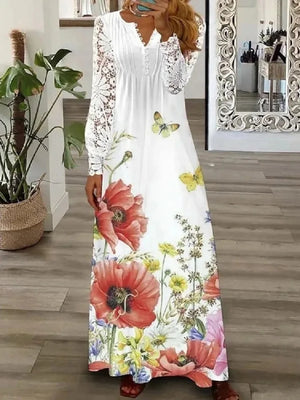 Women's Polyester V-Neck Long Sleeves Floral Pattern Maxi Dress