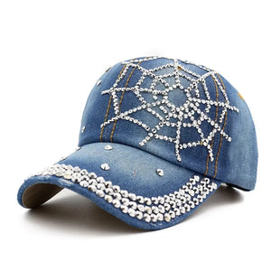 Women's Denim Spider Pattern Casual Wear Rhinestone Baseball Cap