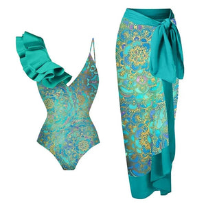 Women's Polyester High Waist Printed Pattern Ruffle Sexy Swimsuit
