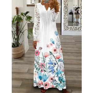 Women's Polyester V-Neck Long Sleeves Floral Pattern Maxi Dress