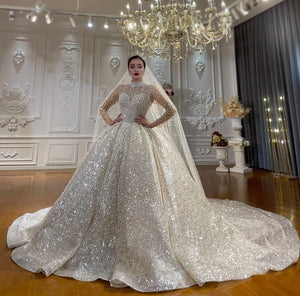Women's High Neck Long Sleeves Court Train Bridal Wedding Dress