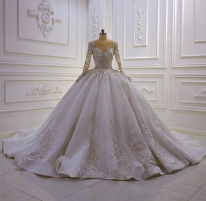 Women's V-Neck Long Sleeves Court Train Bridal Wedding Dress