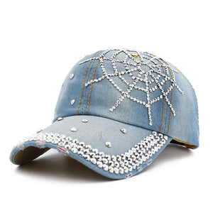 Women's Denim Spider Pattern Casual Wear Rhinestone Baseball Cap