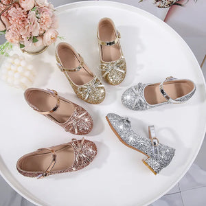 Kid's PU Leather Round Toe Buckle Strap Closure Sequined Shoes