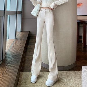 Women's Cotton High Elastic Waist Button Fly Closure Casual Trousers