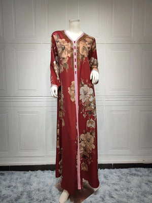 Women's Arabian Polyester Full Sleeves Floral Pattern Long Dress