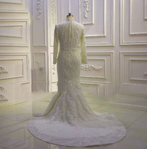Women's High-Neck Long Sleeves Court Train Bridal Wedding Dress