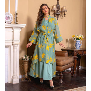 Women's Arabian Polyester Full Sleeve Floral Casual Long Dress