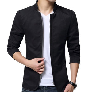 Men's Mandarin Collar Long Sleeve Plain Zipper Closure Jacket
