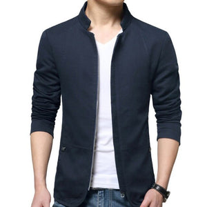Men's Mandarin Collar Long Sleeve Plain Zipper Closure Jacket