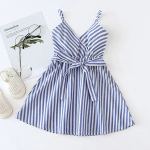 Kid Girl's V-Neck Cotton Sleeveless Striped Pattern Elegant Dress