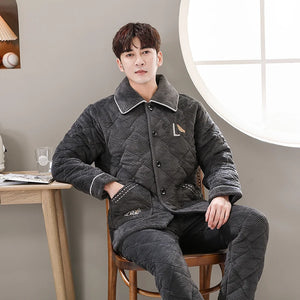 Men's Flannel Turn-Down Collar Long Sleeves Solid Pajamas Sets