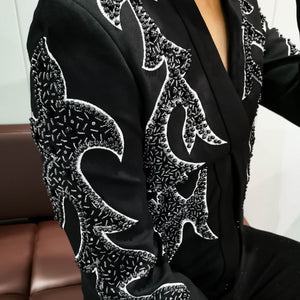 Men's Polyester Notched Collar Long Sleeves Beaded Pattern Blazer