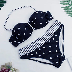 Women's Polyester Mid Waist Swimwear Dotted Pattern Bikini Set