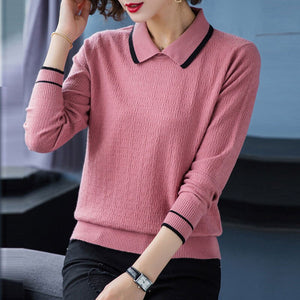 Women's Cotton Turn-Down Collar Full Sleeve Plain Pattern Sweater
