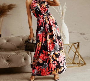 Women's Polyester Halter-Neck Sleeveless Floral Pattern Dress
