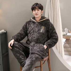 Men's Flannel Full Sleeves Hooded Thick Sleepwear Pajamas Set