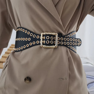 Women's PU Leather Pin Buckle Closure Elastic Waistbands Belts