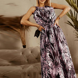 Women's Polyester Halter-Neck Sleeveless Printed Pattern Dress