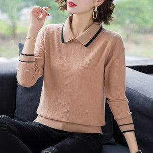 Women's Cotton Turn-Down Collar Full Sleeve Plain Pattern Sweater