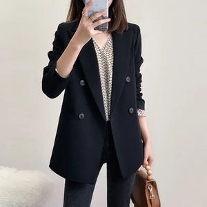 Women's Notched Polyester Full Sleeves Double Breasted Solid Blazer