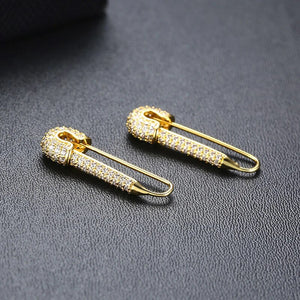 Women's Copper Cubic Zirconia Trendy Safety Pin Shape Earrings