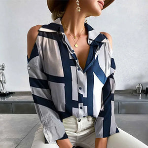 Women's Polyester Turn-Down Collar Long Sleeves Printed Blouse