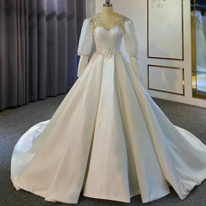 Women's Satin Sweetheart-Neck Long Sleeves Bridal Wedding Dress