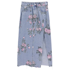 Women's Cotton High Waist Floral Pattern Casual Wear Denim Skirts