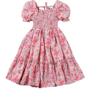 Kid's Girl Cotton Square-Neck Short Sleeves Floral Pattern Dress