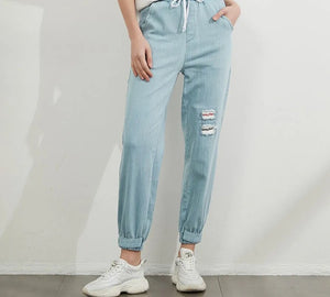 Women's Cotton High Waist Ripped Pattern Casual Wear Jeans