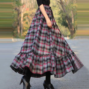 Women's Cotton High Waist Plaid Pattern Casual Wear Long Skirts