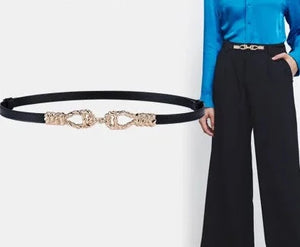 Women's Cowskin Double Buckle Closure Solid Pattern Luxury Belts