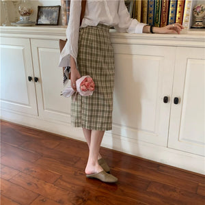 Women's Cotton Elastic High Waist Plaid Pattern Casual Wear Skirts