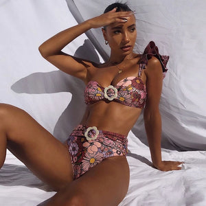 Women's Nylon High Waist Solid Pattern Swimwear Sexy Bikini Set