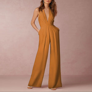 Women's Polyester Sleeveless Mid Waist Plain Elegant Jumpsuit