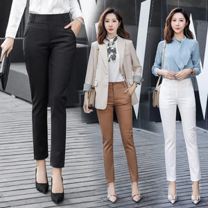 Women's Cotton High Elastic Waist Zipper Fly Closure Formal Pants
