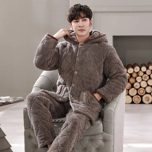Men's Flannel Full Sleeves Hooded Trendy Sleepwear Pajamas Set
