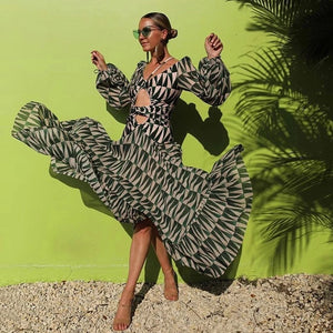 Women's V-Neck Long Sleeve Leopard Pattern Luxury Beach Cover Up