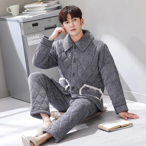 Men's Flannel Turn-Down Collar Long Sleeves Solid Pajamas Sets