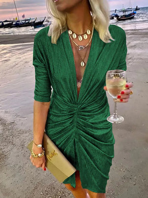 Women's Polyester V-Neck Long Sleeves Sequined Mini Party Dress