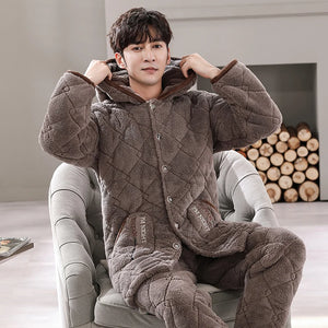 Men's Flannel Full Sleeves Hooded Trendy Sleepwear Pajamas Set