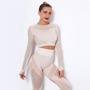 Women's Nylon O-Neck Long Sleeves Fitness Yoga Workout Crop Top
