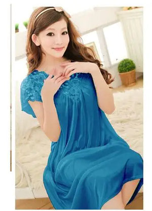 Women's Polyester V-Neck Short Sleeve Nightgowns Sleepwear Dress